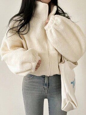 Apricot Casual Women's Elegant Zip-Up Short Teddy Coat